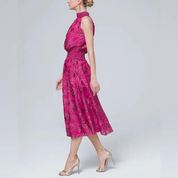 White House Black Market Floral Burnout Smocked Neck Midi Dress - Picture 4 of 12